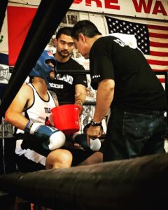 Coach Ian Cruz, Jesse Huerta and Boxer Alex Rodriguez (Dreamland Boxing) at King's Boxing Gym