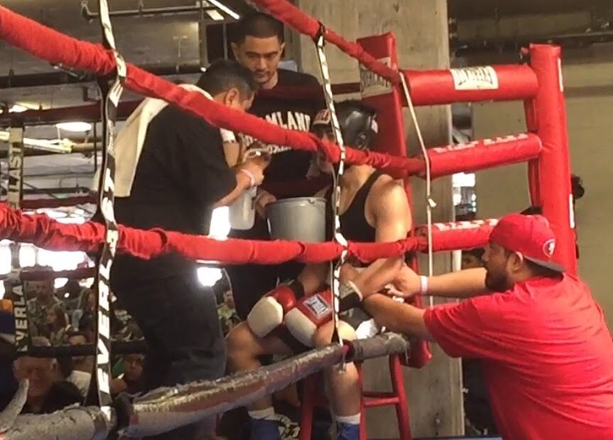 Coach Ian Cruz and Jesse Huerta cornering, Dreamland Boxing