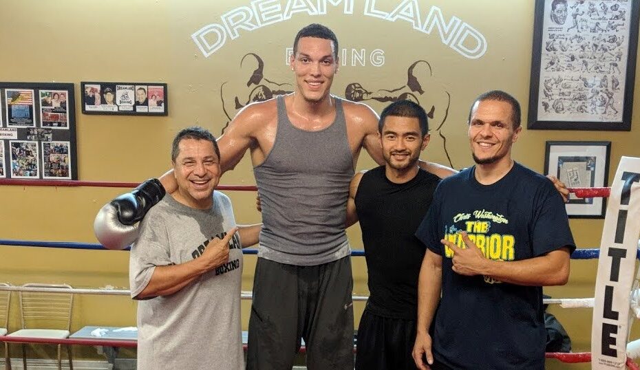 Aaron Gordon at Dreamland Boxing with Jesse Huerta, Coach Ian Cruz, and Chris Washington